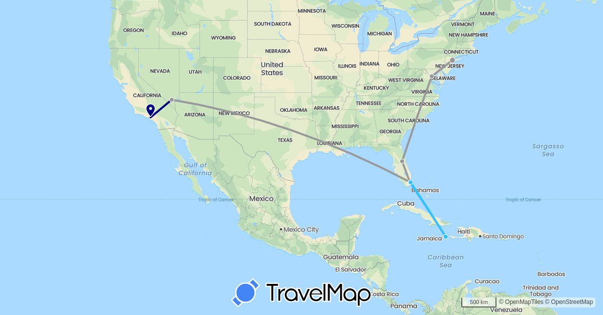 TravelMap itinerary: driving, plane, boat in Israel, United States (Asia, North America)